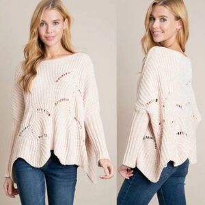 Oversized Chunky Knit Chenille Sweater Boho Size M with Cut-Outs